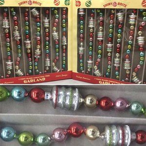 x2 Radko Shiny Brite Glass Christmas Tree Garland Figural Red Pink Aqua 7/14ft